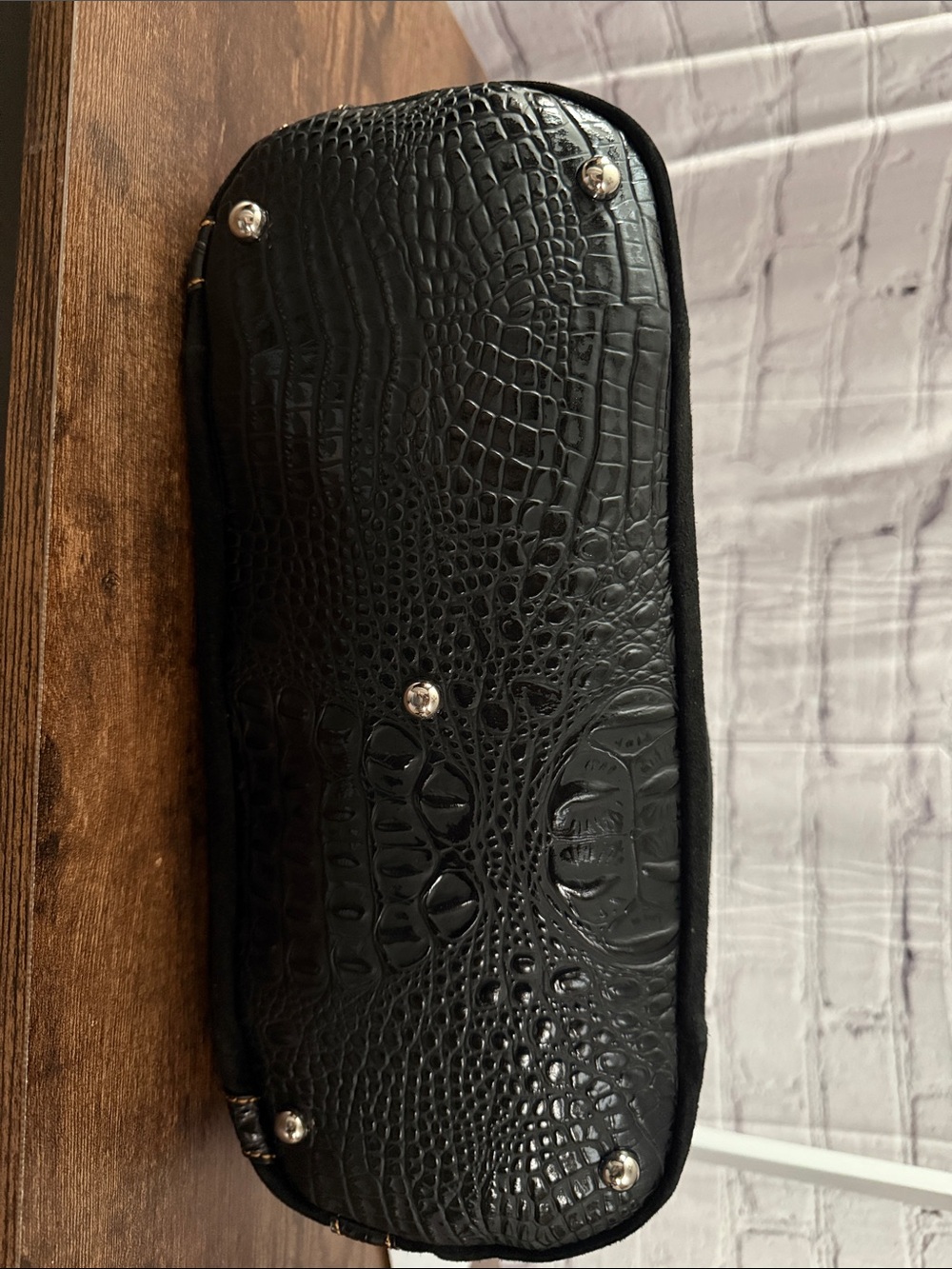 Black Suede Tote with Leather Trim and Stud Details - Picture 9 of 9
